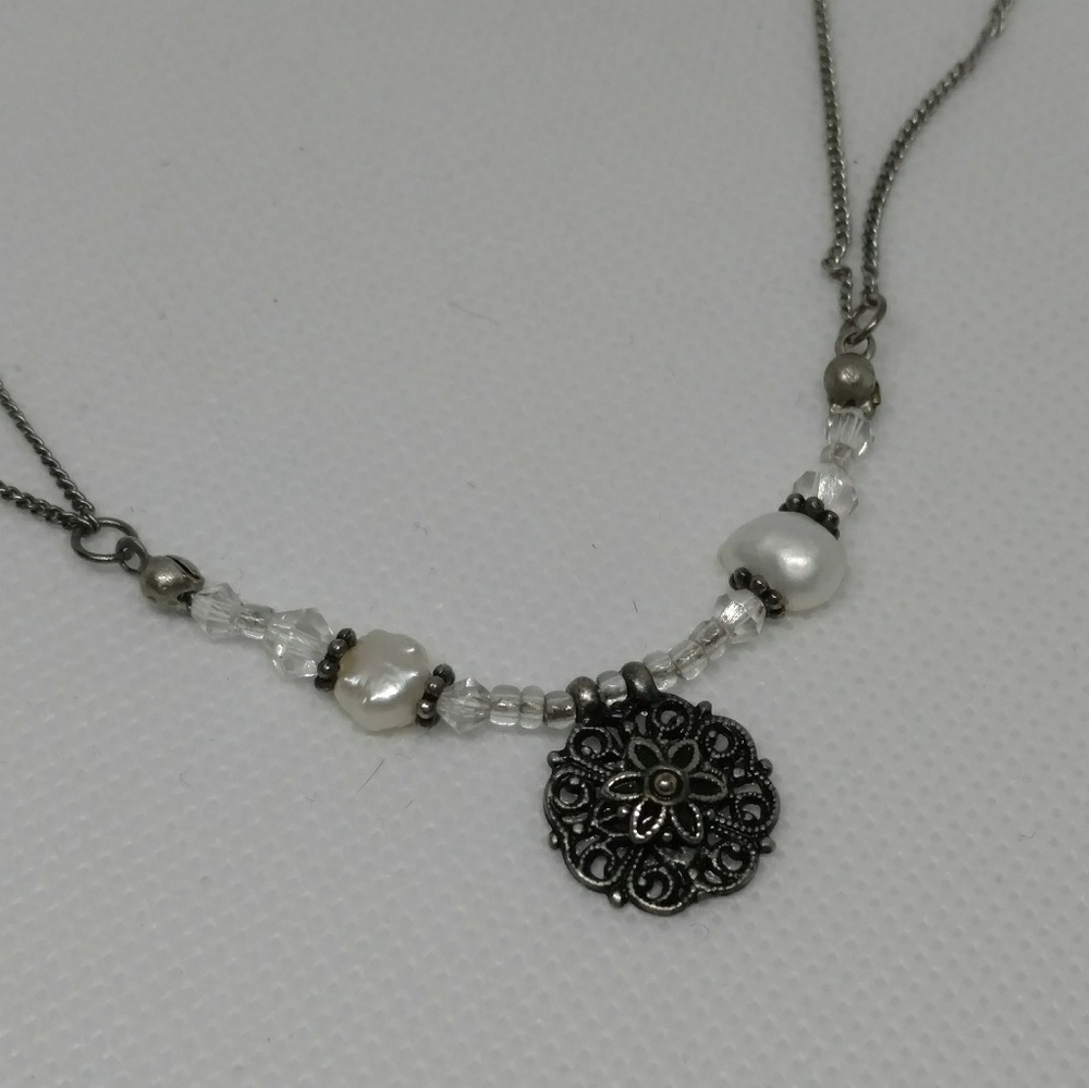 You & I silver tone necklace floral pendant